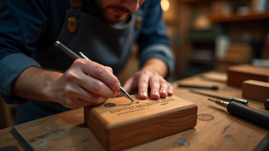 Skilled artisan carefully engraving personalised details into a wooden gift box