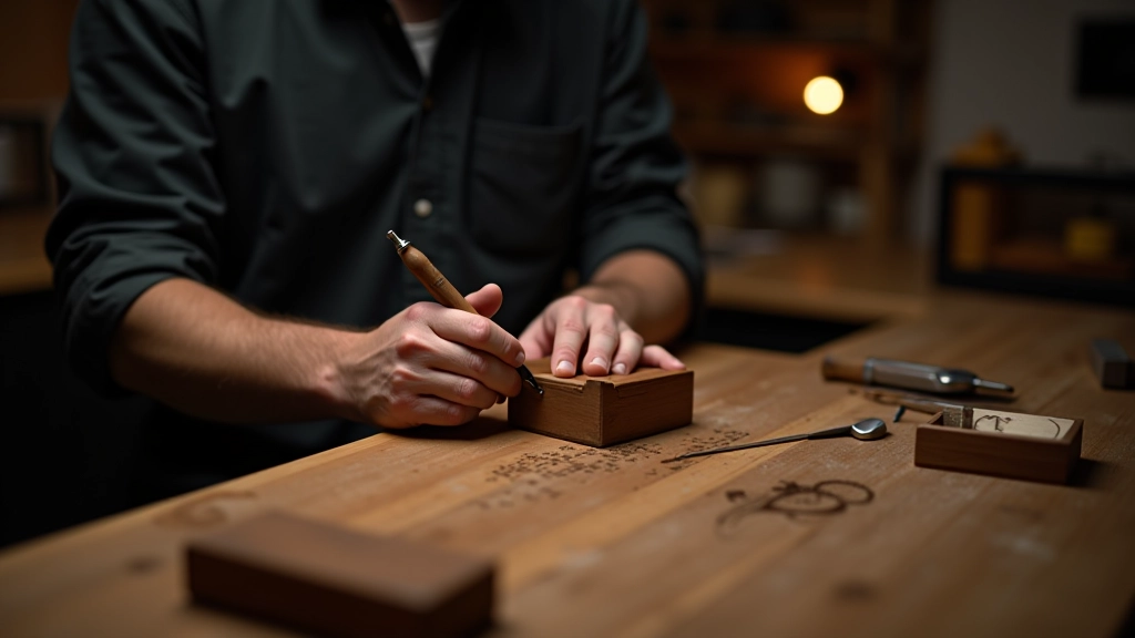 Craftsman using traditional hand engraving tools on wooden surface with careful attention to detail