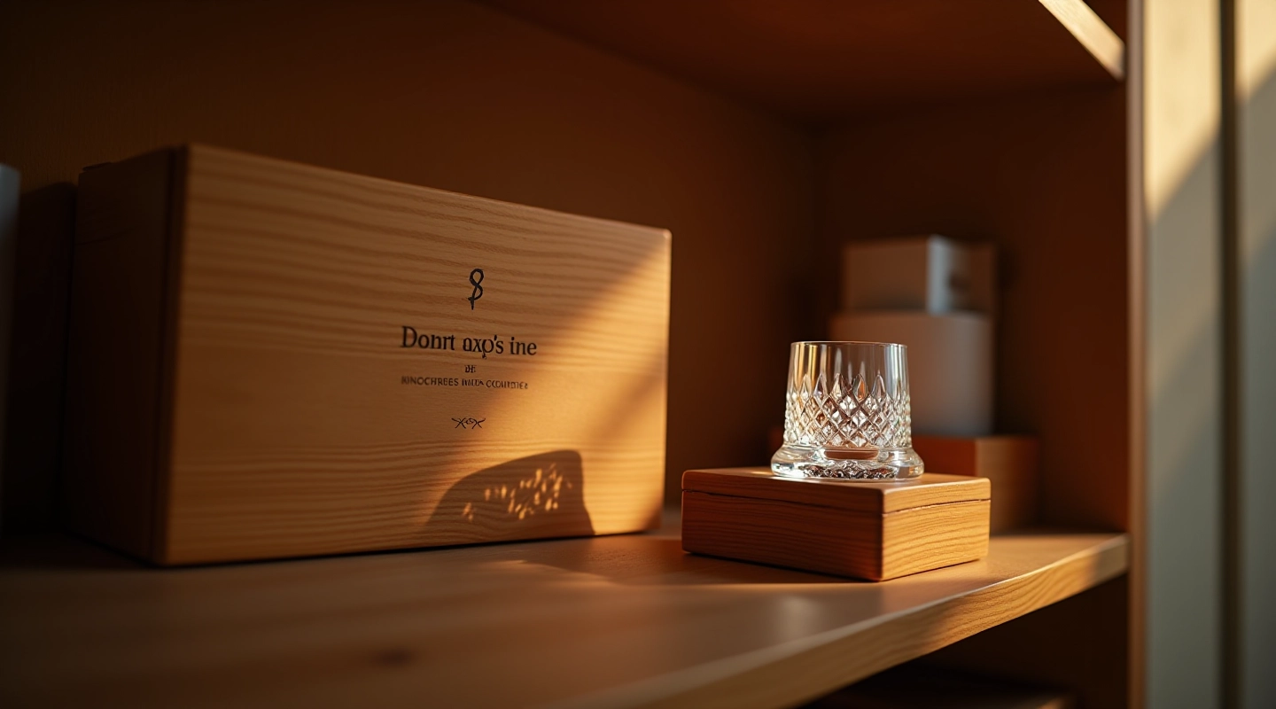 Wooden engraved gift box with crystal keepsake sitting on display shelf with soft lighting