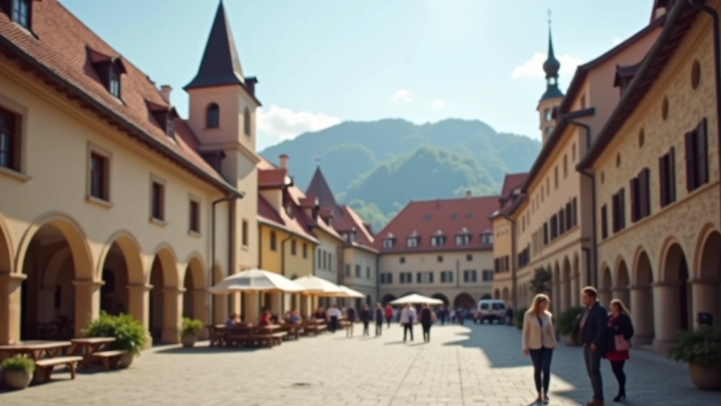 Historic Karlovy Vary town square with traditional architecture and colonial-era buildings, showing the heritage of the region