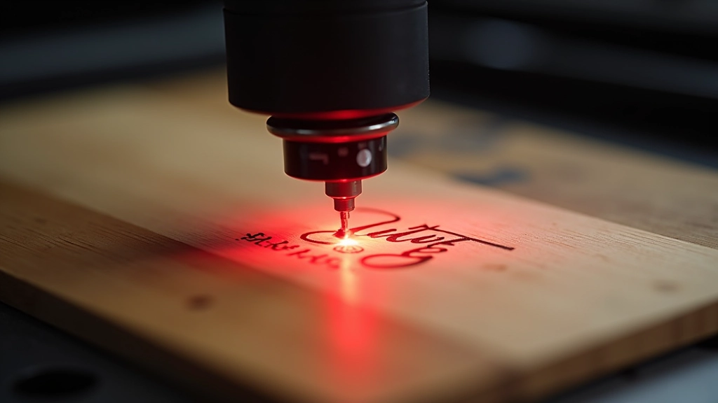 Laser engraving machine in operation showing beam precision on engraved wooden surface detail