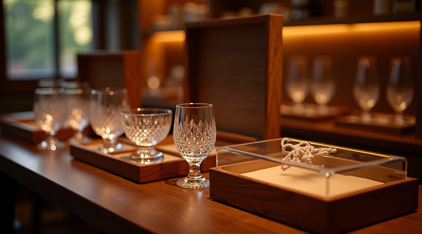 Personalised engraved wooden boxes and crystal keepsake sets on elegant display
